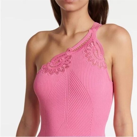 Self Portrait One Shoulder‎ Ribbed Knit Dress Pink Size Medium - Picture 3 of 15